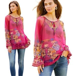 NWT Johnny Was Mazzy Mesh Split V-Neck Long Sleeve Peasant Blouse size XS